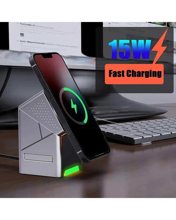 پایه شارژ رومیزی وایرلس مغناطیسی مدل Three in one Magnetic Rotatable Wireless Charger 15W R7 - تصویر 11
