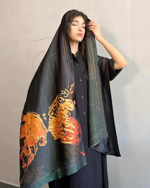 شال زنانه دو رو مشکی سبز طاقه چیان Taghechian مدل دل عشاق