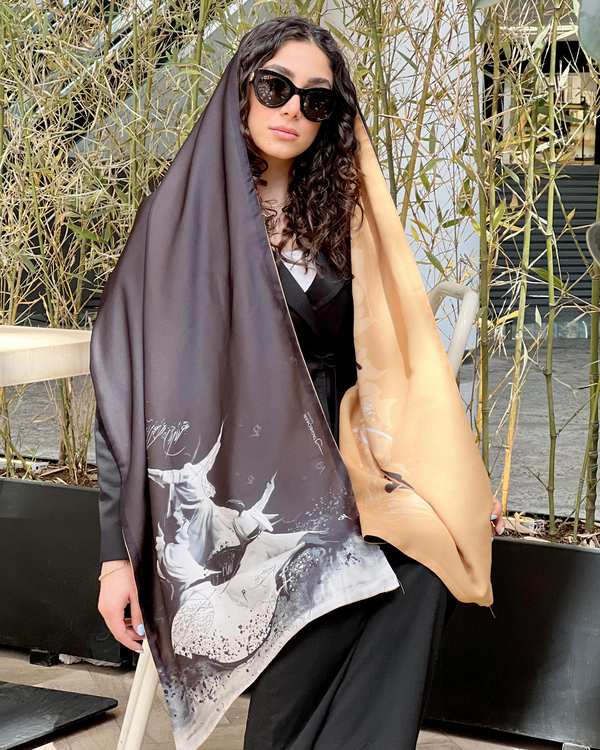 شال زنانه دو رو مشکی زرد طاقه چیان Taghechian مدل خمار مستی