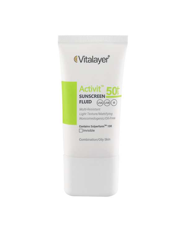 فلوئید ضد آفتاب بی رنگ SPF50 ویتالیر Vitalayer مدل اکتیویت مناسب پوست چرب و مستعد جوش حجم 50ml