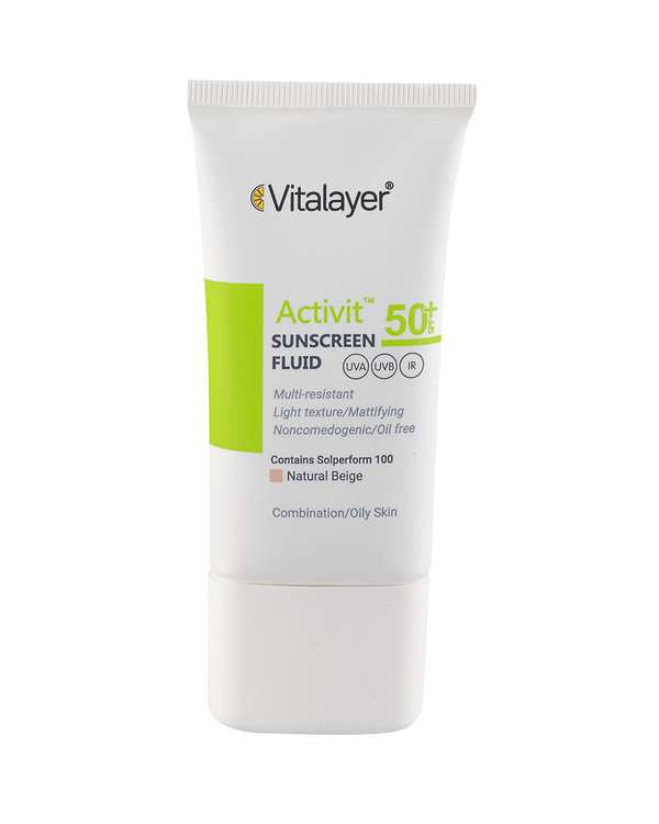 فلوئید ضد آفتاب رنگی SPF50 ویتالیر Vitalayer مدل اکتیویت مناسب پوست چرب و مستعد جوش بژ طبیعی حجم 50ml