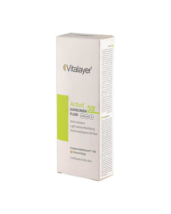 فلوئید ضد آفتاب رنگی SPF50 ویتالیر Vitalayer مدل اکتیویت مناسب پوست چرب و مستعد جوش بژ طبیعی حجم 50ml - تصویر 4