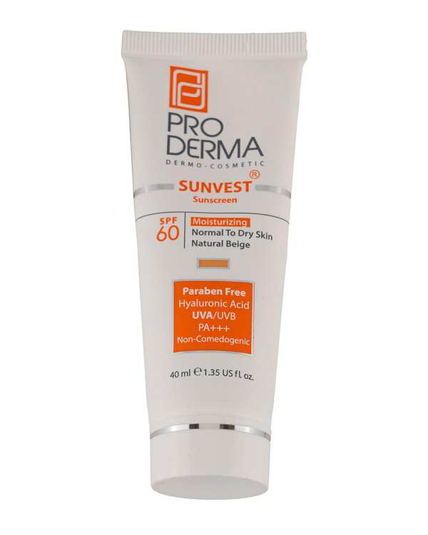 کرم ضد آفتاب رنگی SPF 60 پرودرما Proderma مناسب پوست معمولی و خشک بژ طبیعی حجم 40ml