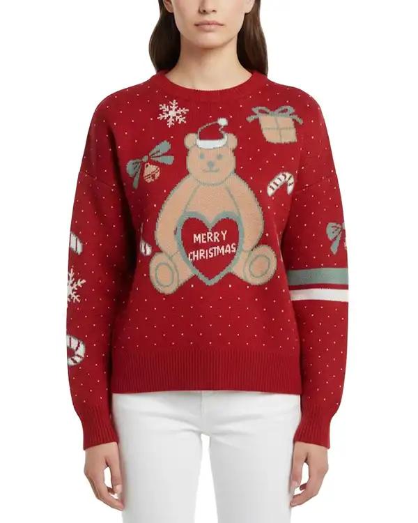 پلیور بافت زنانه قرمز طرح تدی کریسمس