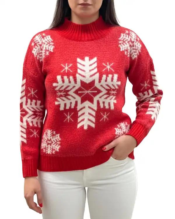 پلیور بافت زنانه قرمز طرح برف کریسمس