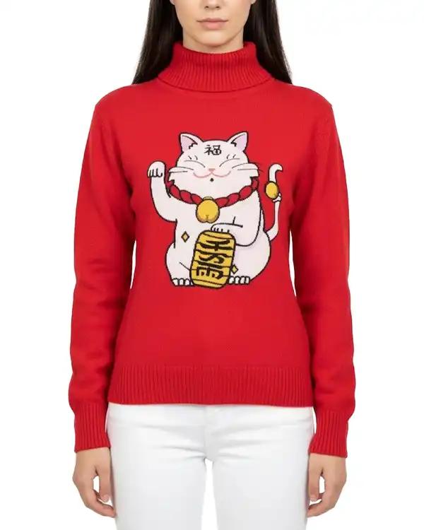 پلیور زنانه یقه اسکی قرمز طرح گربه چینی