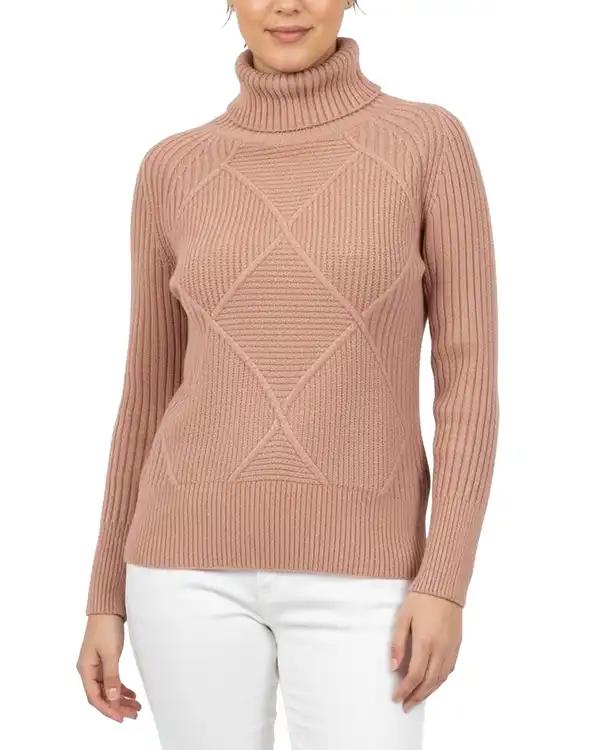 پلیور بافت زنانه یقه اسکی صورتی طرح لوزی