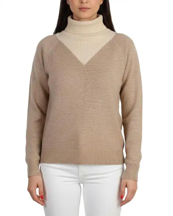 پلیور بافت زنانه یقه اسکی خاکی کرم