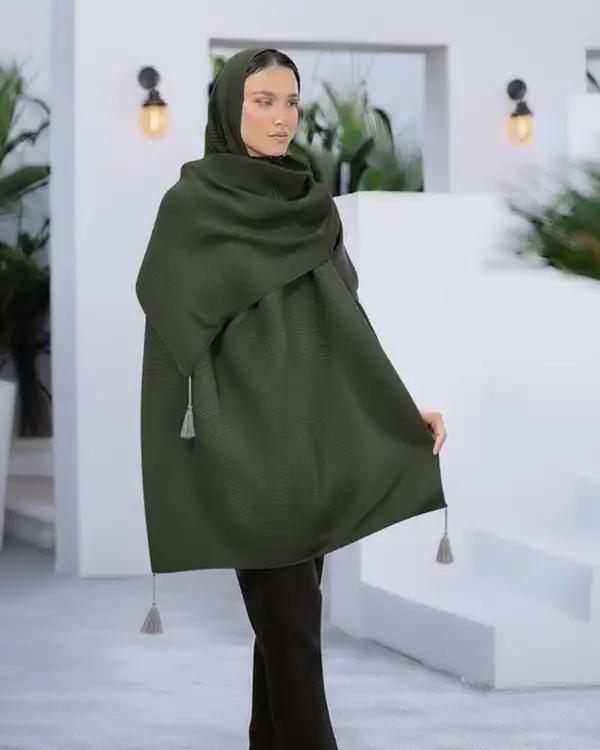 شال زنانه پلیسه جناقی پاییزه سبز تیره کد ROZ1021