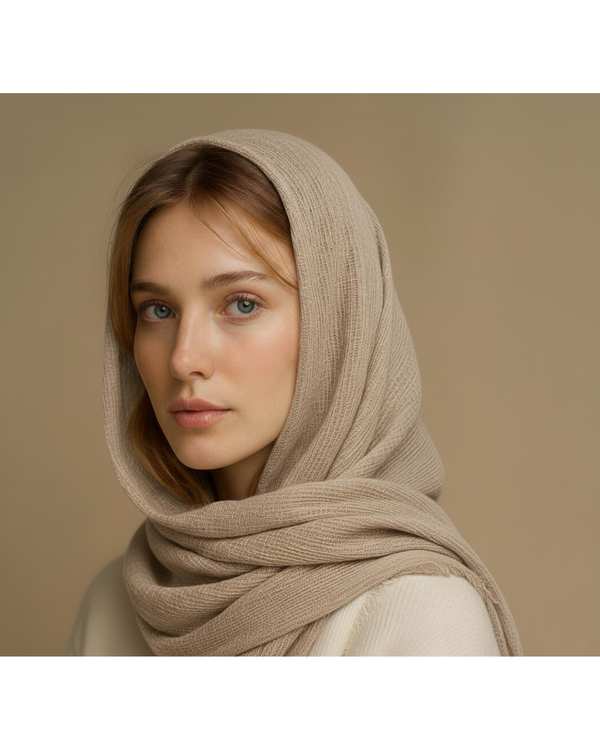 شال زنانه برشکا کرم آماهی Amahi مدل کنفی حصیری