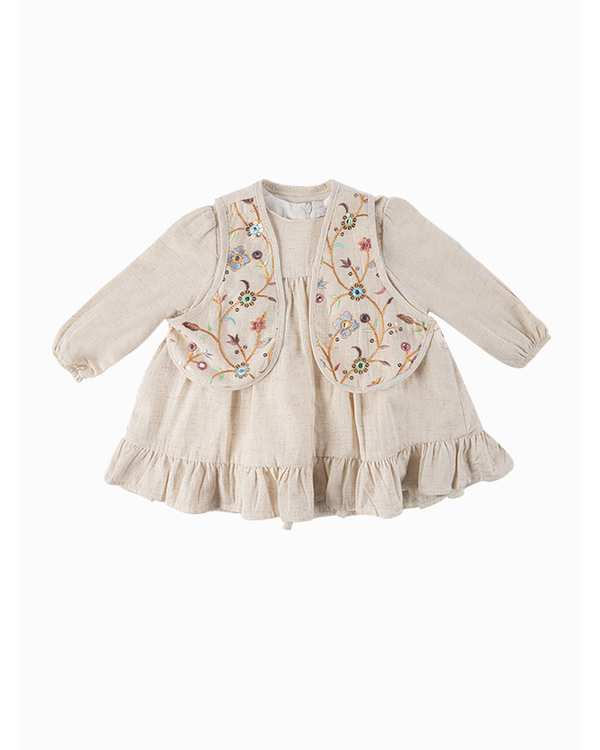 ست جلیقه و پیراهن دخترانه نوزادی استخوانی فیورلا Fiorella مدل یاس سلطان 1 کد 25519