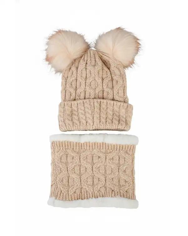 ست کلاه و شال گردن بافتنی بچگانه کرم مدل داخل خز دو پوم