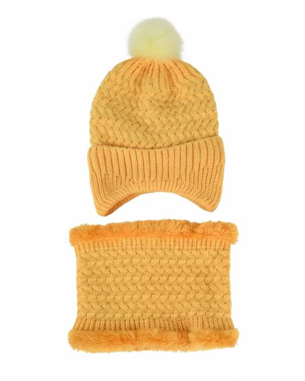 ست کلاه و شال گردن بافتنی بچگانه زرد مدل داخل خز تک پوم