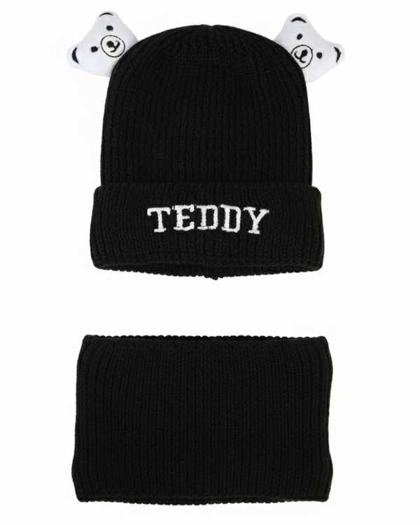 ست کلاه و شال گردن بافتنی بچگانه مشکی مدل داخل خز طرح تدی عروسکی