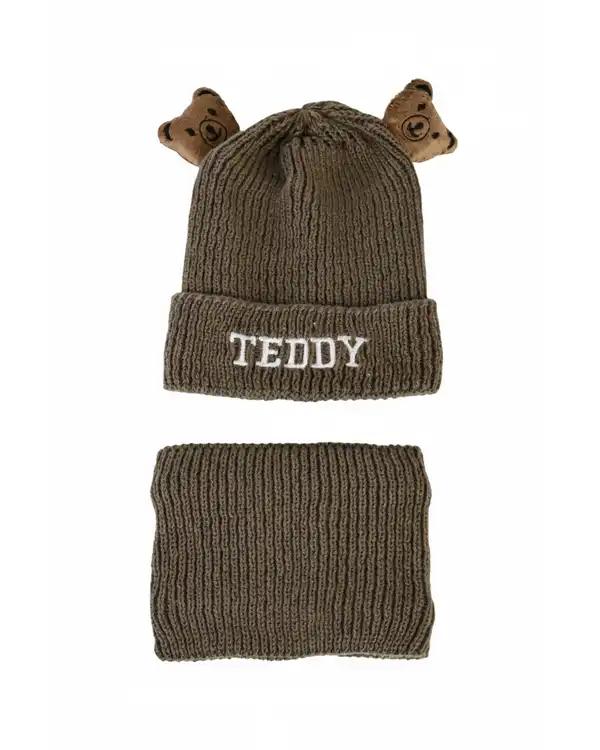 ست کلاه و شال گردن بافتنی بچگانه سبز ارتشی مدل داخل خز طرح تدی عروسکی