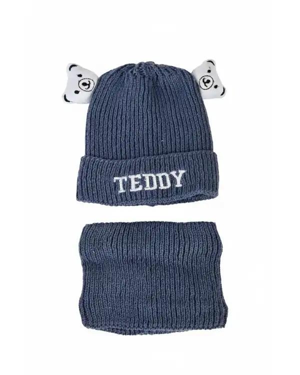 ست کلاه و شال گردن بافتنی بچگانه آبی مدل داخل خز طرح تدی عروسکی