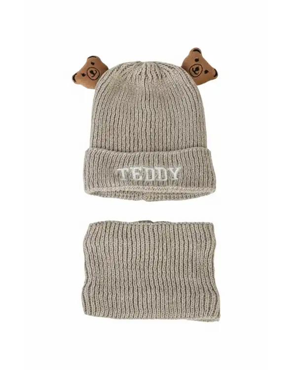 ست کلاه و شال گردن بافتنی بچگانه کرم مدل داخل خز طرح تدی عروسکی