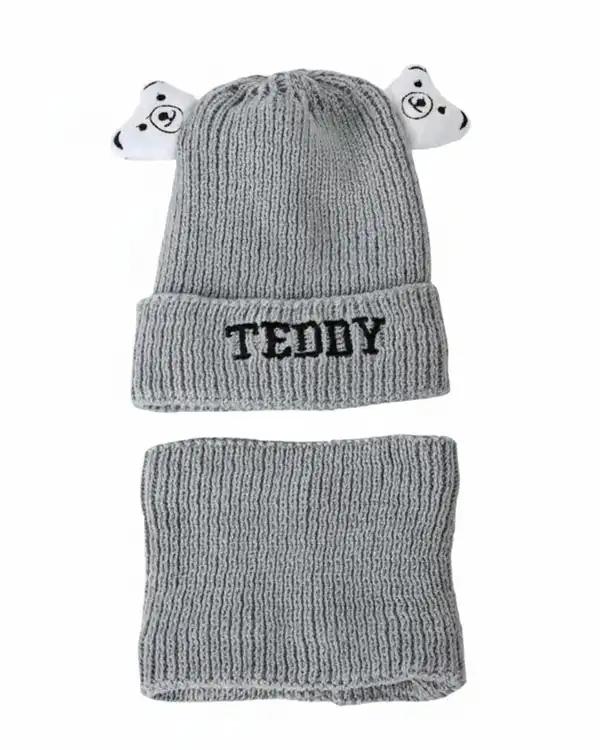 ست کلاه و شال گردن بافتنی بچگانه طوسی مدل داخل خز طرح تدی عروسکی