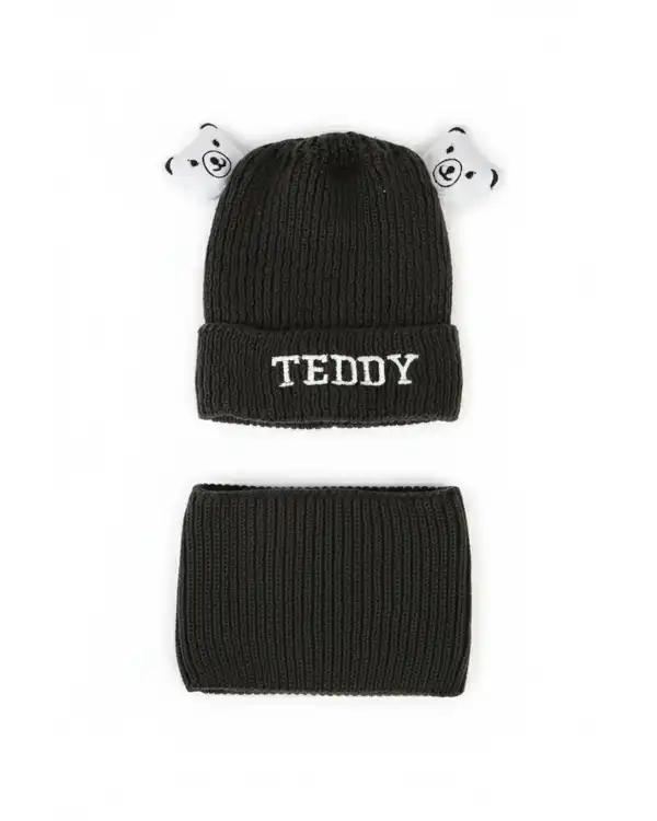 ست کلاه و شال گردن بافتنی بچگانه زغالی مدل داخل خز طرح تدی عروسکی