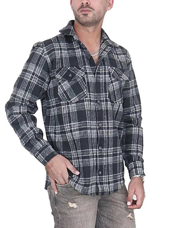 پیراهن مردانه اورسایز پشمی چهارخانه مشکی دودی یوسف Yoosef کد 301013