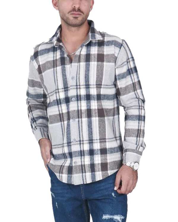 پیراهن مردانه سایز بزرگ پشمی چهارخانه شیری سرمه ای یوسف Yoosef کد 302064