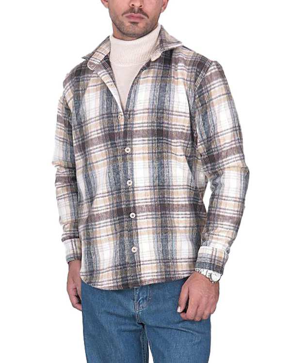 پیراهن مردانه سایز بزرگ پشمی چهارخانه کرم قهوه ای یوسف Yoosef کد 302064