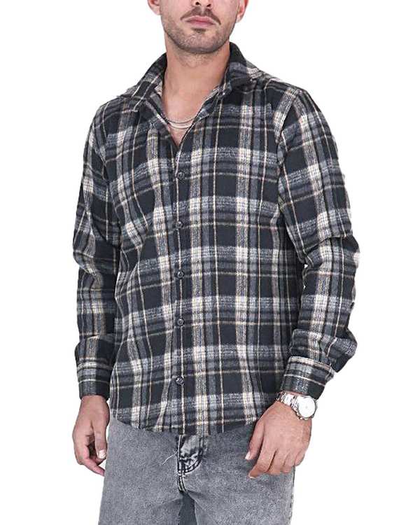 پیراهن مردانه سایز بزرگ پشمی چهارخانه مشکی زغالی یوسف Yoosef کد 302064