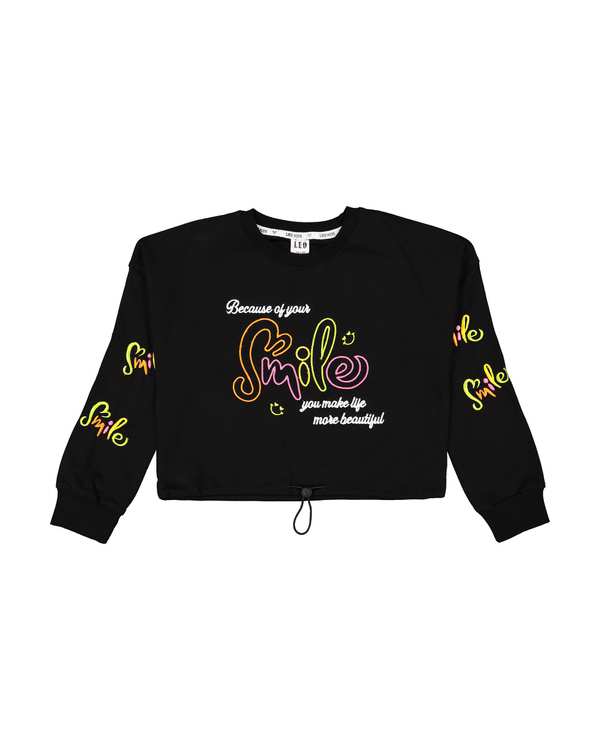 ست سویشرت و شلوار دخترانه مشکی لئو کیدز Leo Kids طرح گلدوزی اسمایل کد 6831 - تصویر 3