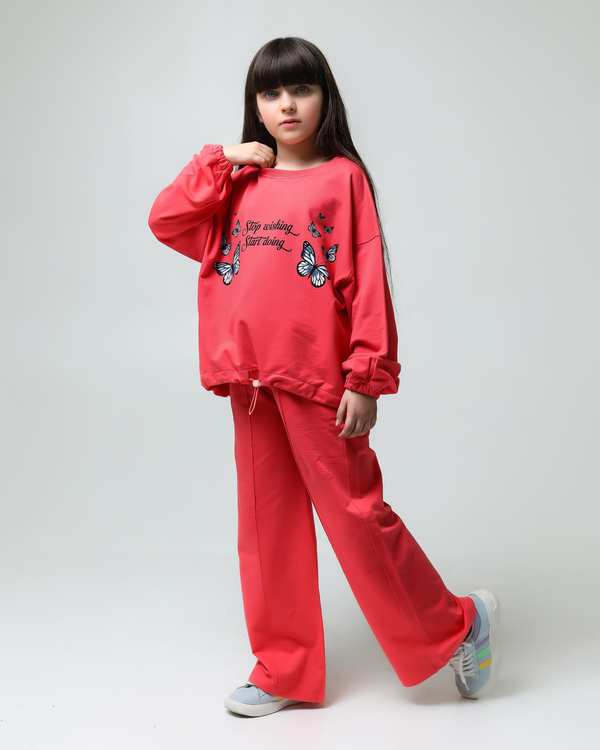 ست سویشرت و شلوار دخترانه سرخابی لئو کیدز Leo Kids طرح پروانه کد 6834