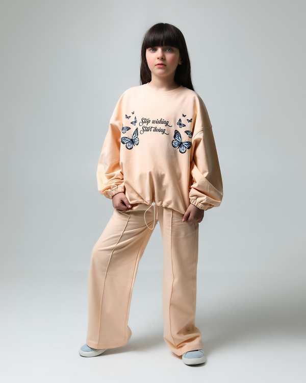 ست سویشرت و شلوار دخترانه گلبهی لئو کیدز Leo Kids طرح پروانه کد 6834-1