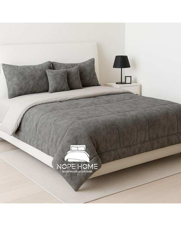 سرویس روتختی مخمل تدی الگانت دو نفره هشت تکه طوسی تیره نوپه هوم Nopehome عرض تشک 160 الی 180