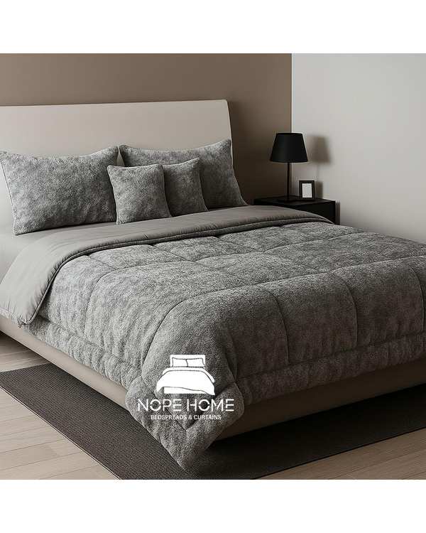 سرویس روتختی مخمل تدی الگانت دو نفره هشت تکه طوسی فیلی نوپه هوم Nopehome عرض تشک 160 الی 180