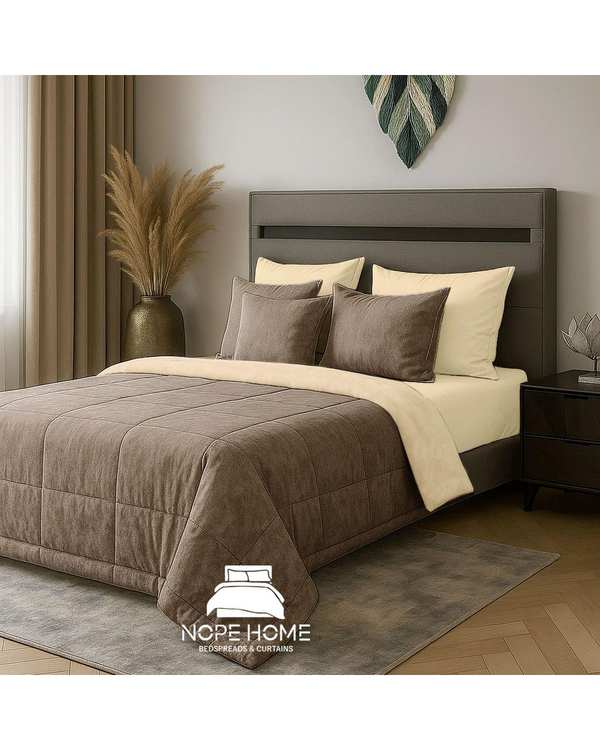 سرویس روتختی مخمل تدی الگانت دو نفره هشت تکه نسکافه ای نوپه هوم Nopehome عرض تشک 160 الی 180