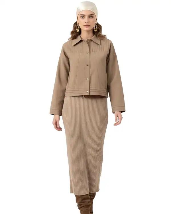 بامبر جکت زنانه لینن کتان خط دار شکلاتی نیواریا Nivarya کد 0981
