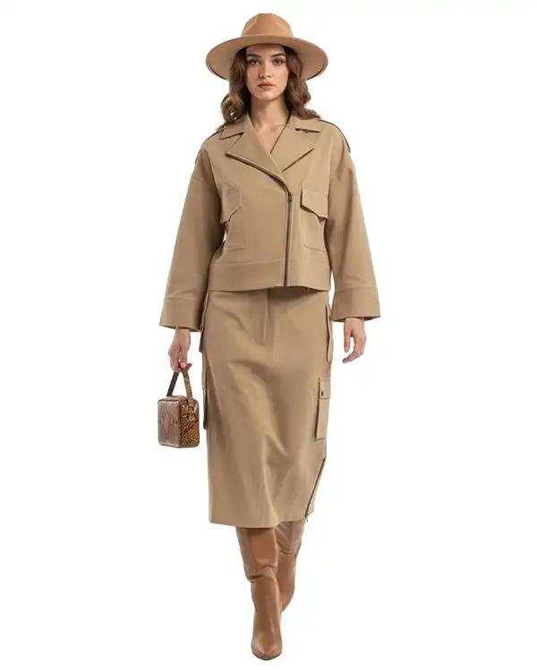 بارانی زنانه کتان کراپ نخودی نیواریا Nivarya کد 0982