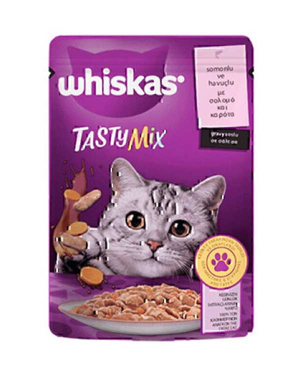 پوچ گربه بالغ ویسکاس Whiskas با طعم ماهی سالمون و هویج در سس 85 گرم