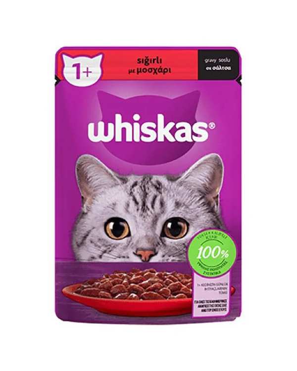 پوچ گربه بالغ ویسکاس Whiskas با طعم گوشت گاو در سس 85 گرم