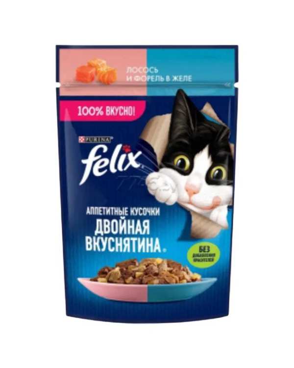 پوچ گربه فلیکس Felix با طعم ماهی سالمون و قزل آلا 75 گرم