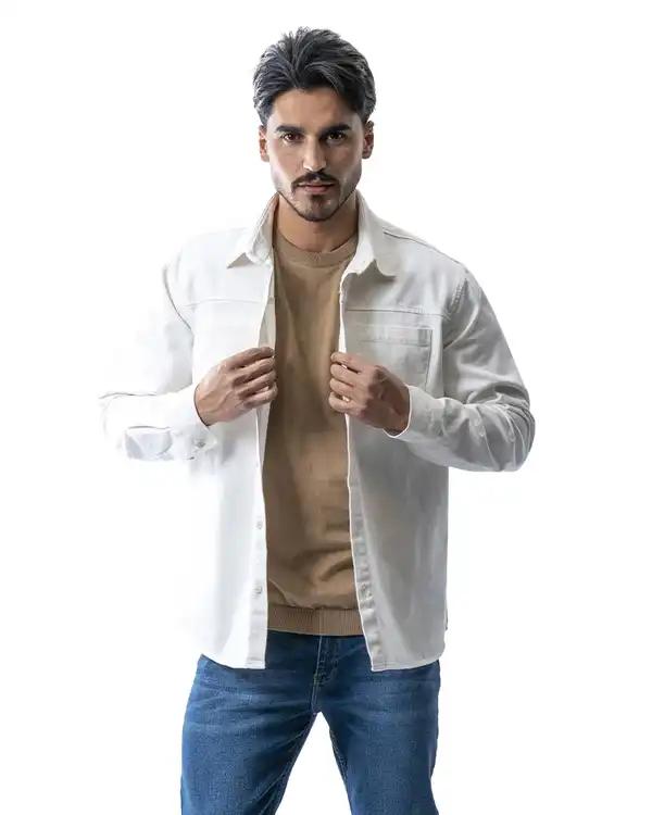 پیراهن کتان مردانه باکسی آستین بلند سفید آر ان اس RNS کد 12202579