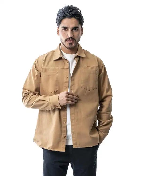 پیراهن کتان مردانه باکسی آستین بلند شتری آر ان اس RNS کد 12202579