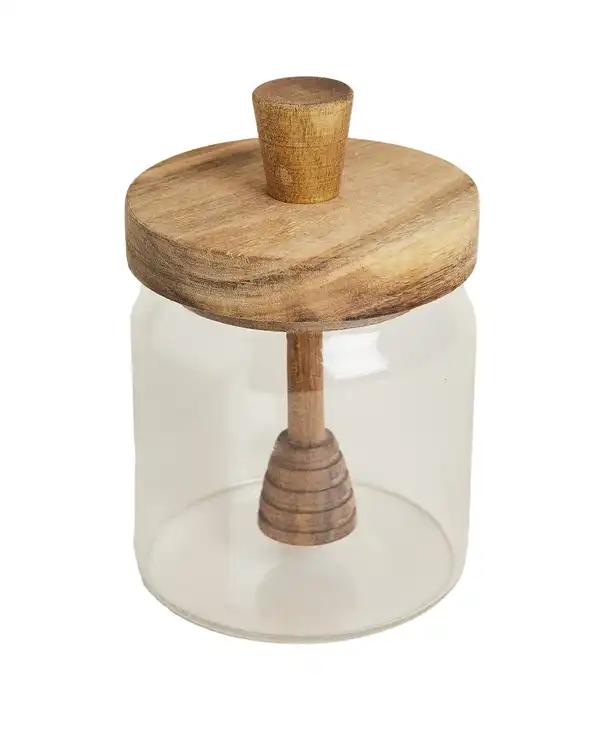 ظرف عسل شیشیه ای با درب چوبی