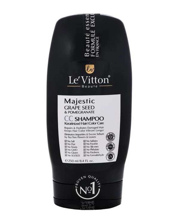 شامپو تقویت کننده و ترمیم کننده مو لویتون Levitton مدل CC مناسب موهای آسیب دیده و رنگ شده حاوی عصاره انار و هسته انگور حجم 250ml