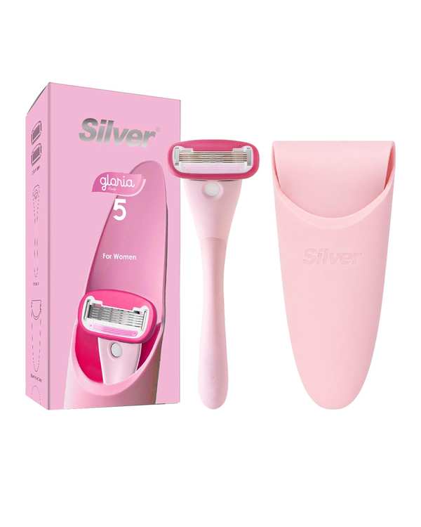 خودتراش زنانه 5 لبه صورتی سیلور Silver مدل Gloria5 System به همراه 2 تیغ یدک و سیلیکون کیس