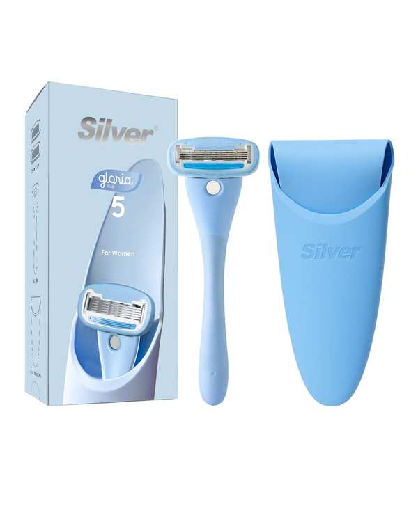 خودتراش زنانه 5 لبه آبی سیلور Silver مدل Gloria5 System به همراه 2 تیغ یدک و سیلیکون کیس