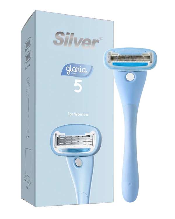 خودتراش زنانه 5 لبه آبی سیلور Silver مدل Gloria5 System دسته با 2 تیغ یدک و هوک نگهدارنده