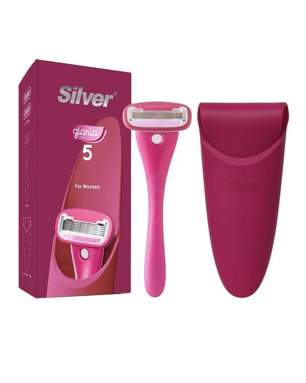 خودتراش زنانه 5 لبه سرخابی سیلور Silver مدل Gloria5 System به همراه 2 تیغ یدک و سیلیکون کیس