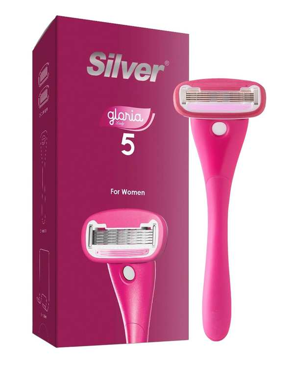 خودتراش زنانه 5 لبه سرخابی سیلور Silver مدل Gloria5 System دسته با 2 تیغ یدک و هوک نگهدارنده