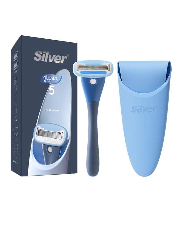 خودتراش زنانه 5 لبه سرمه ای سیلور Silver مدل Gloria5 System به همراه 2 تیغ یدک و سیلیکون کیس
