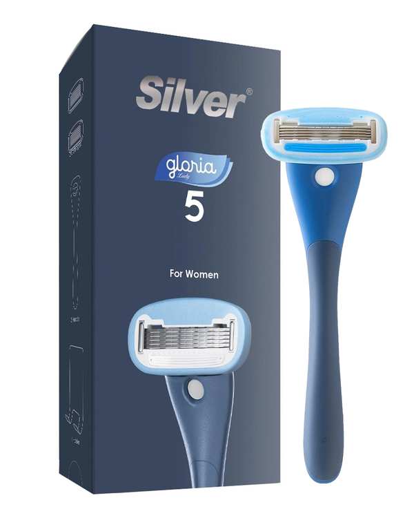 خودتراش زنانه 5 لبه سرمه ای سیلور Silver مدل Gloria5 System دسته با 2 تیغ یدک و هوک نگهدارنده