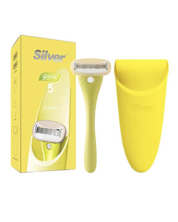 خودتراش زنانه 5 لبه زرد سیلور Silver مدل Gloria5 System به همراه 2 تیغ یدک و سیلیکون کیس